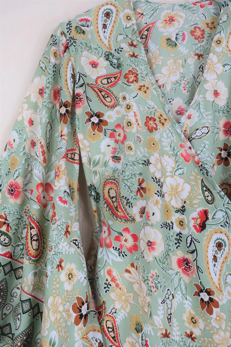 Venus Mini Wrap Dress in Porcelain Green Floral - Image 4
