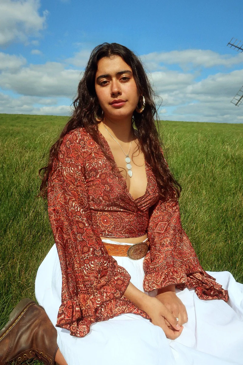 Venus Wrap Top in Bowie Red Mandala - Image 4