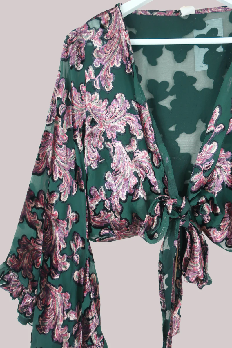 Venus Wrap Top in Emerald Burn Out Velvet - Image 3