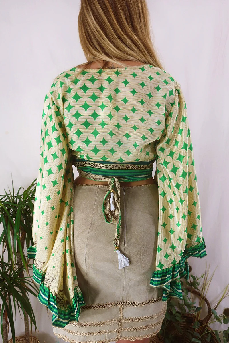 Venus Wrap Top - Green & Gold Harlequin - Vintage Sari - Size S/M - Image 5