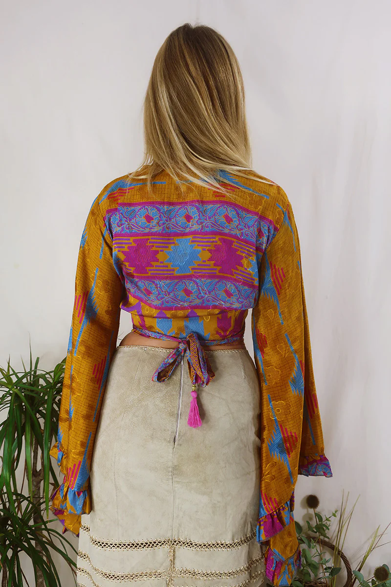 Venus Wrap Top - Amber, Blue & Magenta - Vintage Sari - Size XS - Image 5