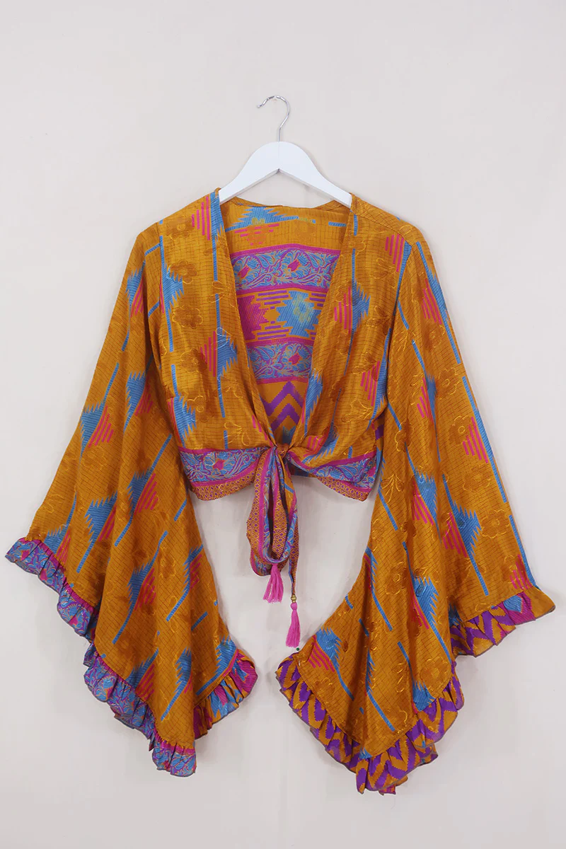 Venus Wrap Top - Amber, Blue & Magenta - Vintage Sari - Size XS - Image 6