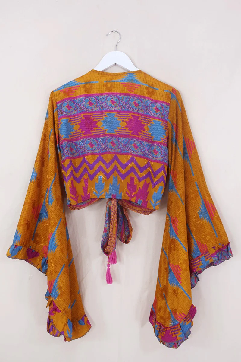 Venus Wrap Top - Amber, Blue & Magenta - Vintage Sari - Size XS - Image 8