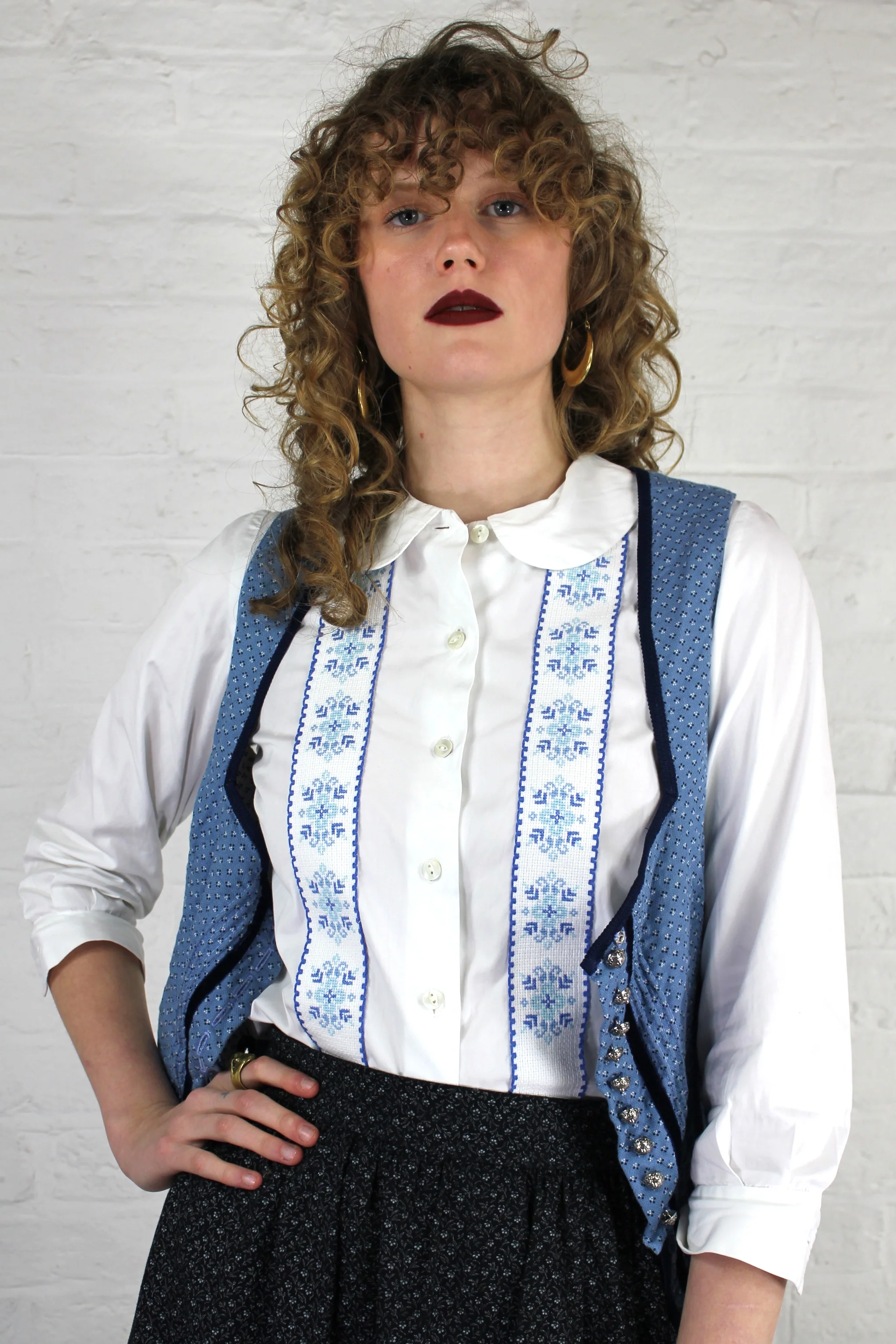 Vintage 70s Bavarian Style Shirt in White With Blue Cross Stitch Design - S - Image 3