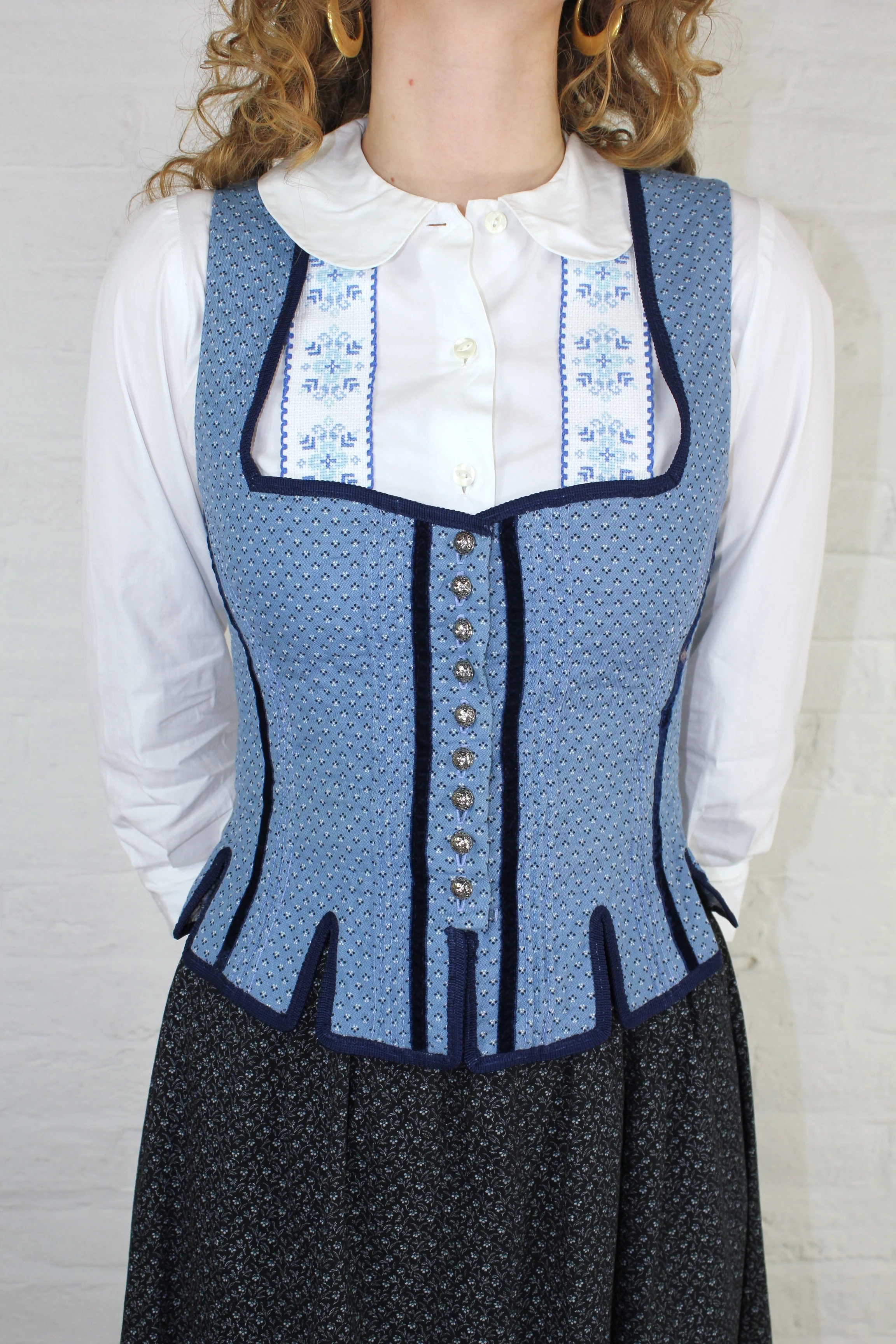 Vintage 70s Bavarian Style Shirt in White With Blue Cross Stitch Design - S - Image 4