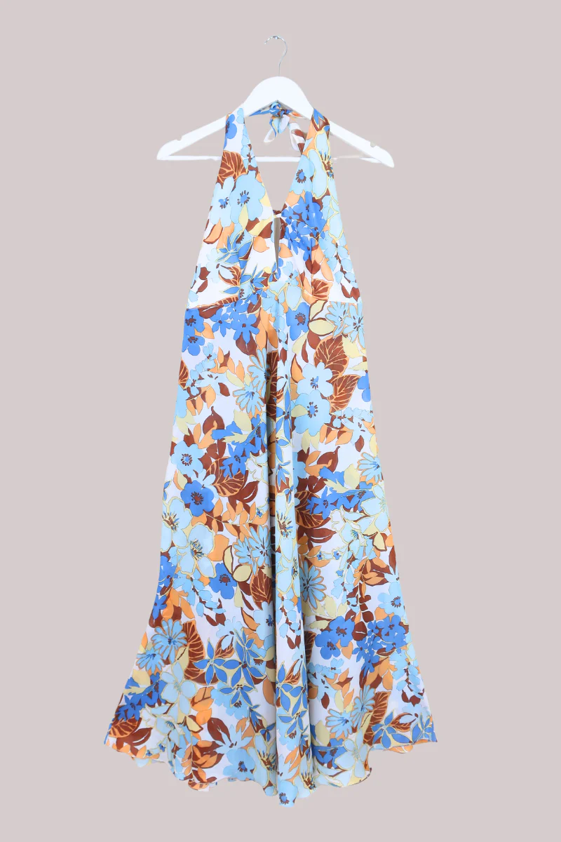 Vintage 70s Halter Dress - Powder Blue & Buff Brown Floral - Size XS-S