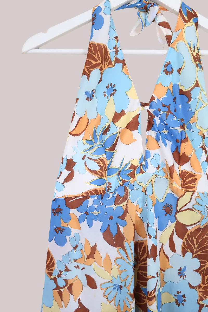 Vintage 70s Halter Dress - Powder Blue & Buff Brown Floral - Size XS-S - Image 2