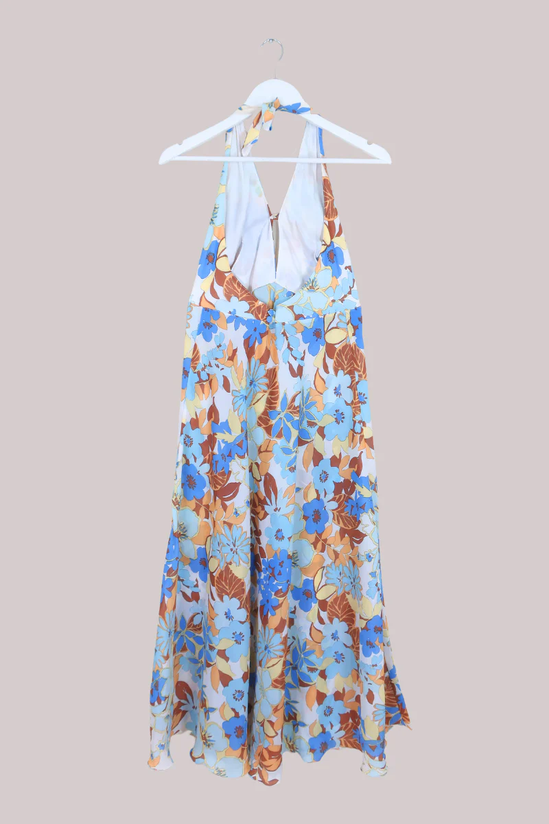 Vintage 70s Halter Dress - Powder Blue & Buff Brown Floral - Size XS-S - Image 3