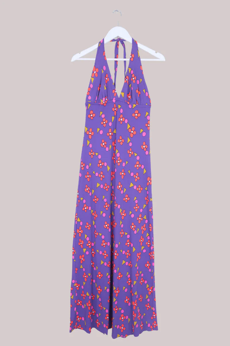 Vintage 70s Halterneck Maxi Dress - Purple Retro Daisies - Size XS