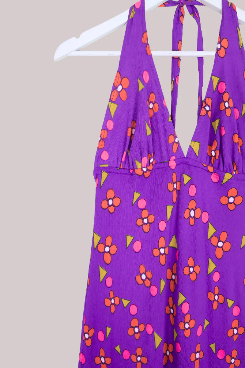 Vintage 70s Halterneck Maxi Dress - Purple Retro Daisies - Size XS - Image 2