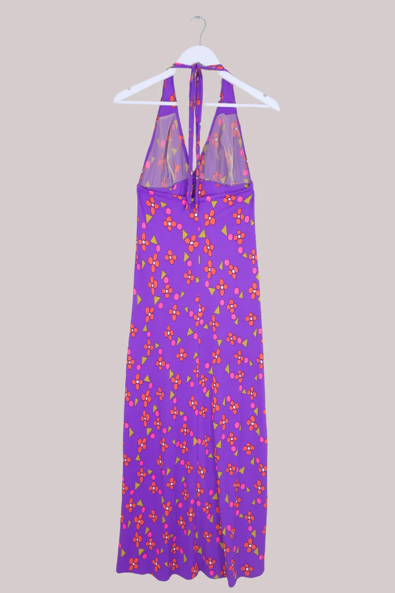 Vintage 70s Halterneck Maxi Dress - Purple Retro Daisies - Size XS - Image 3