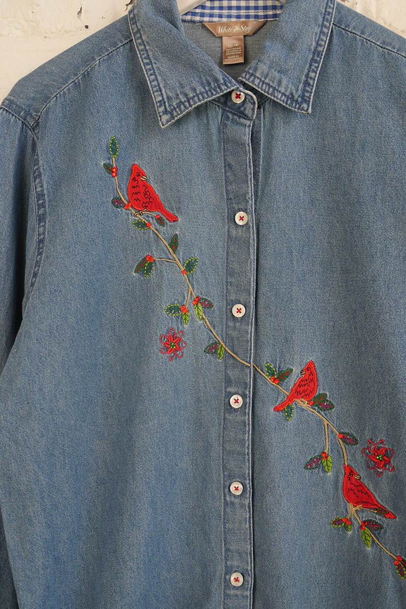 Vintage Denim Shirt - Crimson Berry Branch Cardinal - Free Size L - Image 2