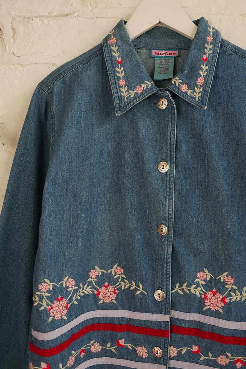 Vintage Denim Jacket - Quilted Floral Embroiery - Size S - Image 2