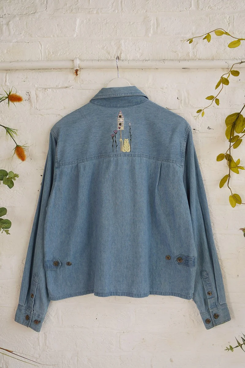 Vintage Denim Shirt - Birdhouse Embroidery - Free Size M - Image 3