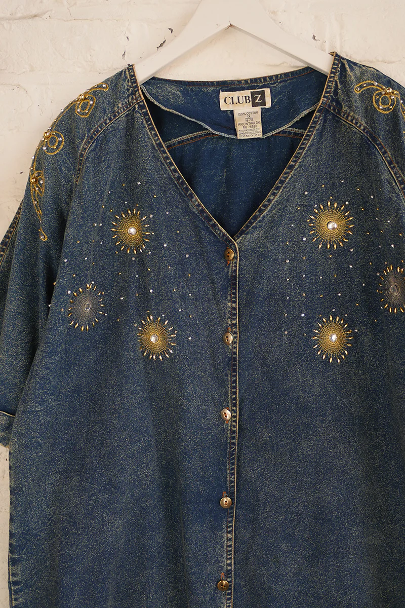 Vintage Denim Shirt - Faded Sequin Sun - Free Size 3XL - Image 2