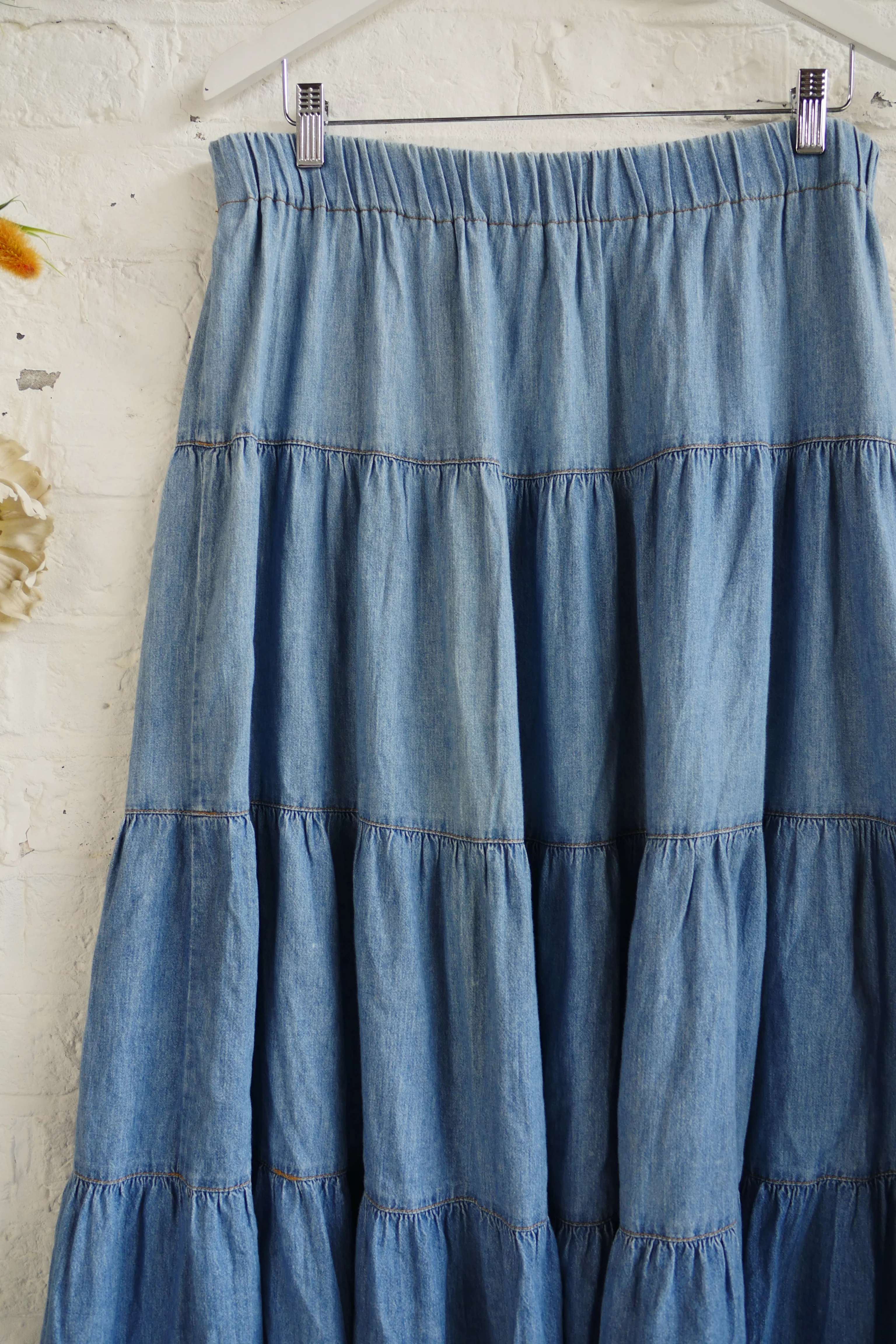 Vintage Denim Skirt - Stone Wash Tiered Midi - Size W34-40 - Image 2