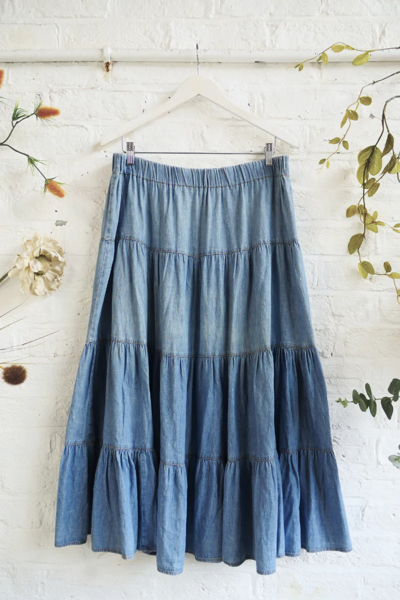 Vintage Denim Skirt - Stone Wash Tiered Midi - Size W34-40 - Image 3