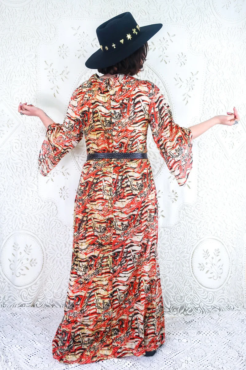 Vintage Dress - 70's Earth Tone Batik Bell Sleeve Maxi - Size S/M - Image 3
