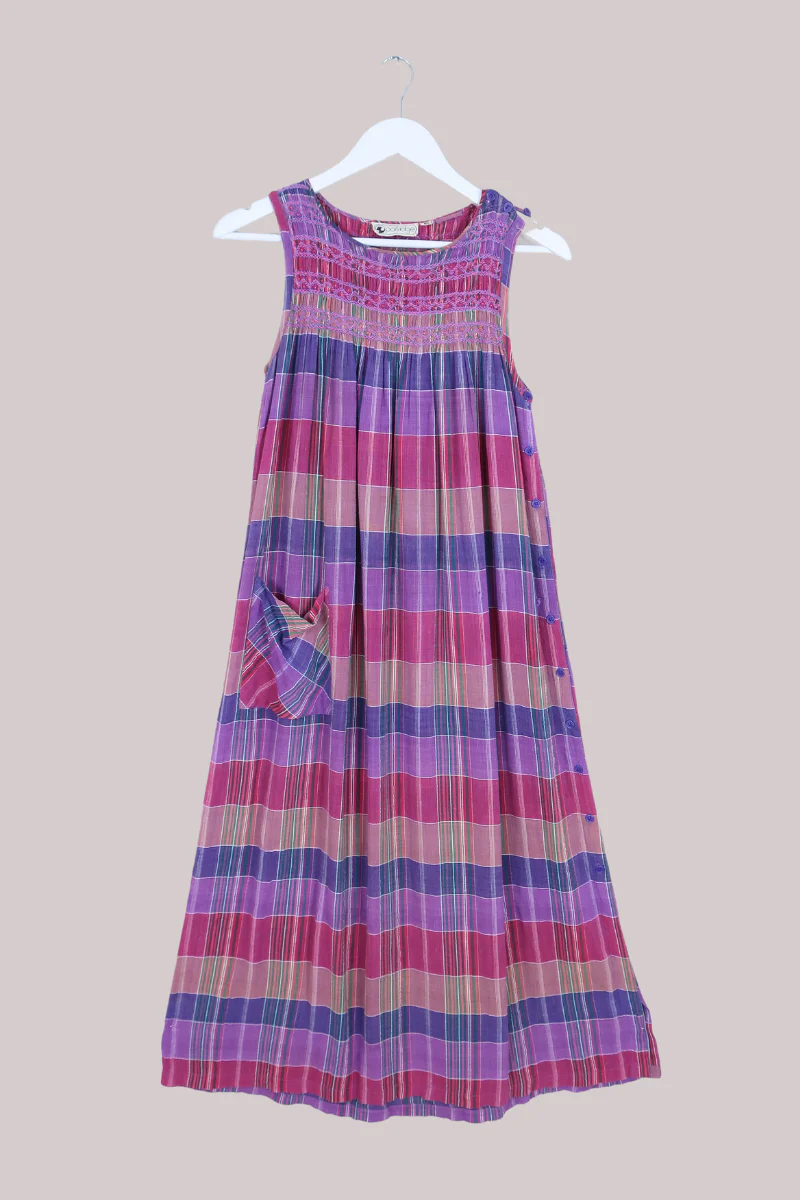 Vintage 70s Smocked Sundress - Lavender Rose Check - Size S/M