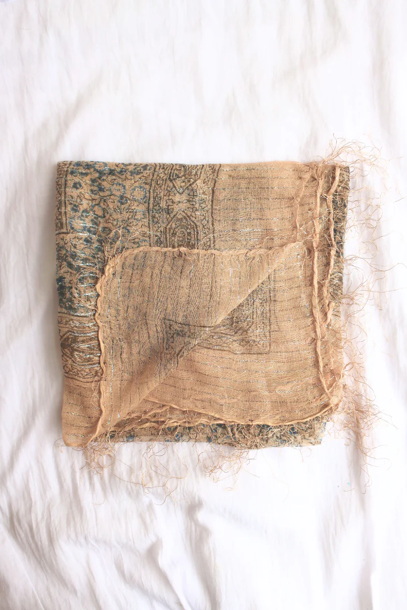 Vintage Indian Cotton Scarf in Apricot and Bluebell - Image 2