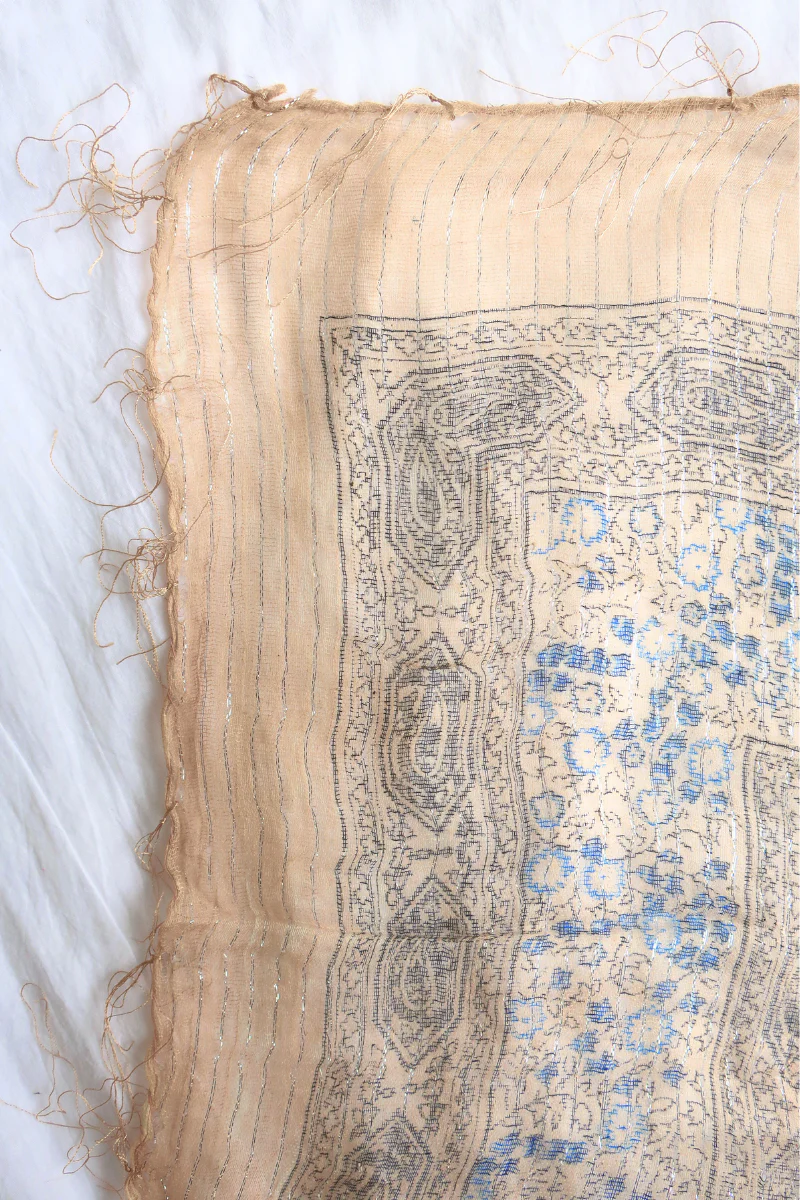 Vintage Indian Cotton Scarf in Apricot and Bluebell - Image 3
