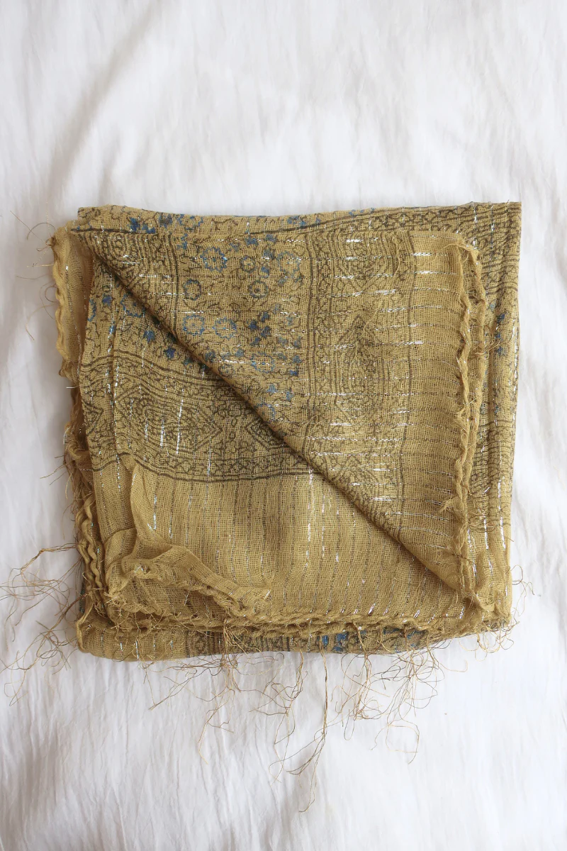 Vintage Indian Cotton Scarf in Gold and Sapphire - Image 2