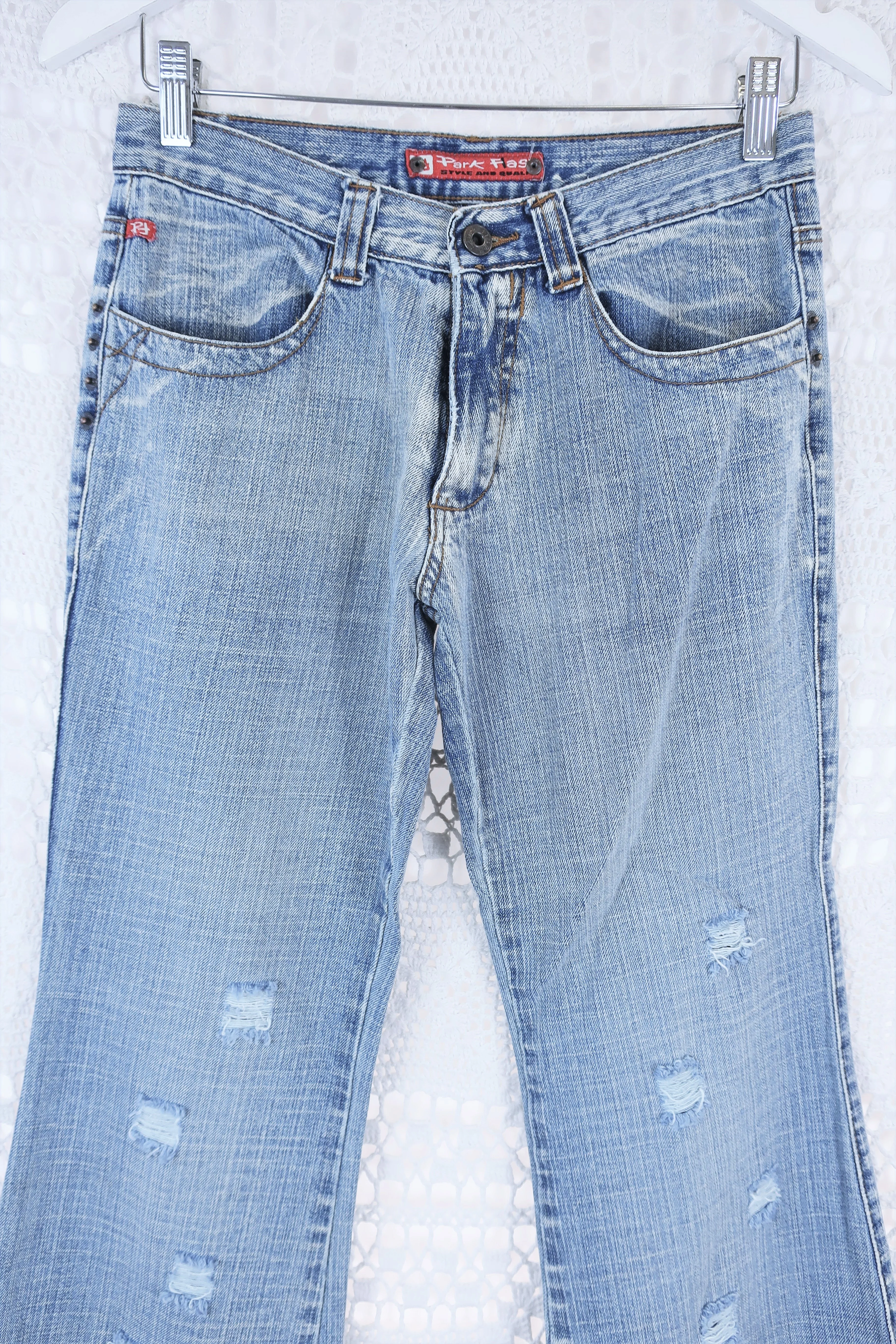Vintage Flared Jeans - Stone Wash Blue with Distressing - Size S - Image 3