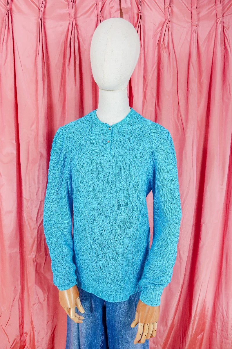 Vintage Jumper - Electric Cerulean Blue Cable Knit - Size S/M - Image 2
