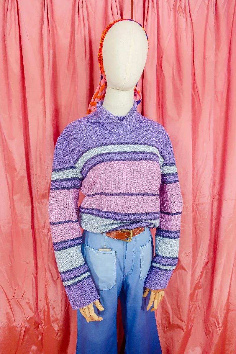 Vintage Jumper - 90's Violet and powder blue chunky stripe turtleneck - Size M/L
