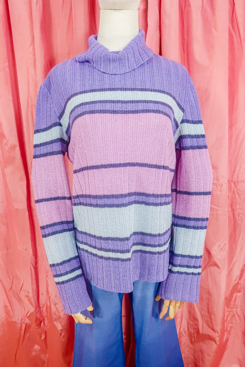 Vintage Jumper - 90's Violet and powder blue chunky stripe turtleneck - Size M/L - Image 2