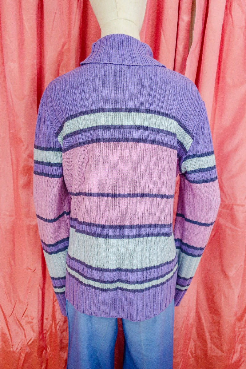 Vintage Jumper - 90's Violet and powder blue chunky stripe turtleneck - Size M/L - Image 3