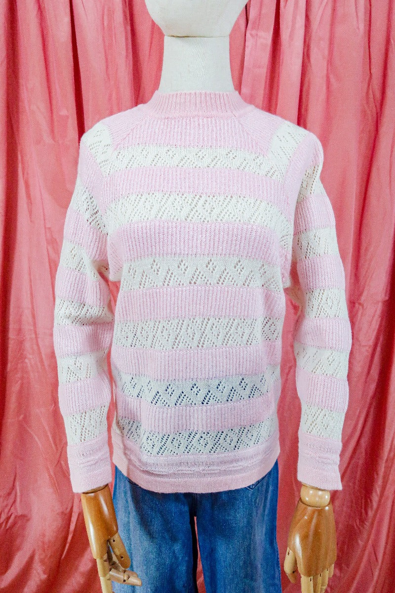 Vintage Jumper - 80's Crochet Candy Floss crème- Size S/M - Image 2