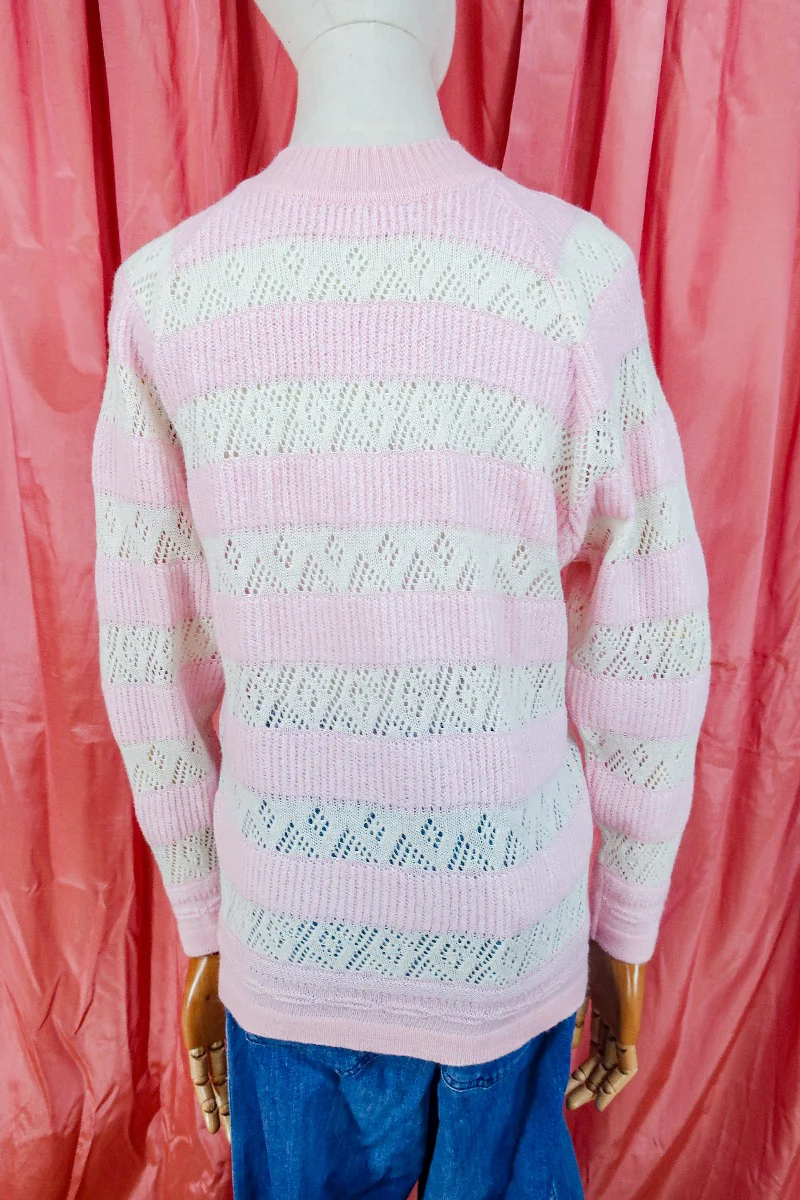 Vintage Jumper - 80's Crochet Candy Floss crème- Size S/M - Image 3