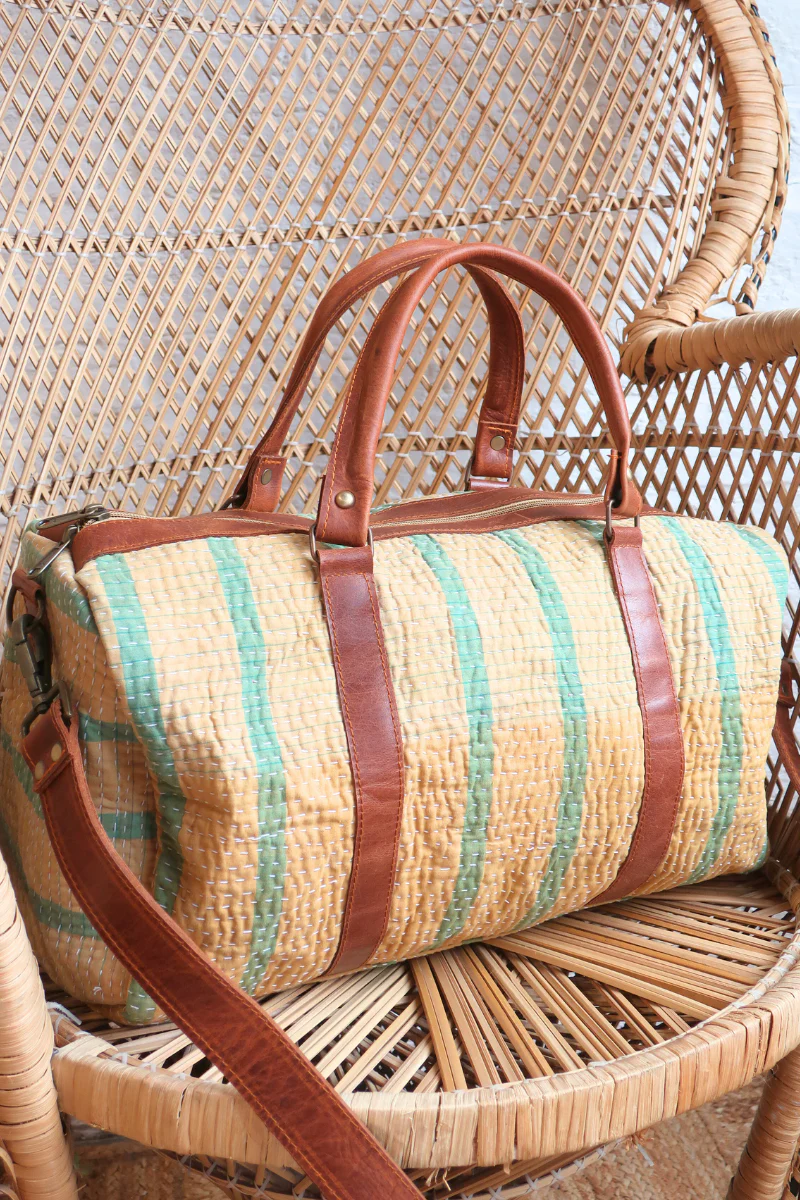 Vintage Kantha Holdall Bag in Honey & Basil - Image 3