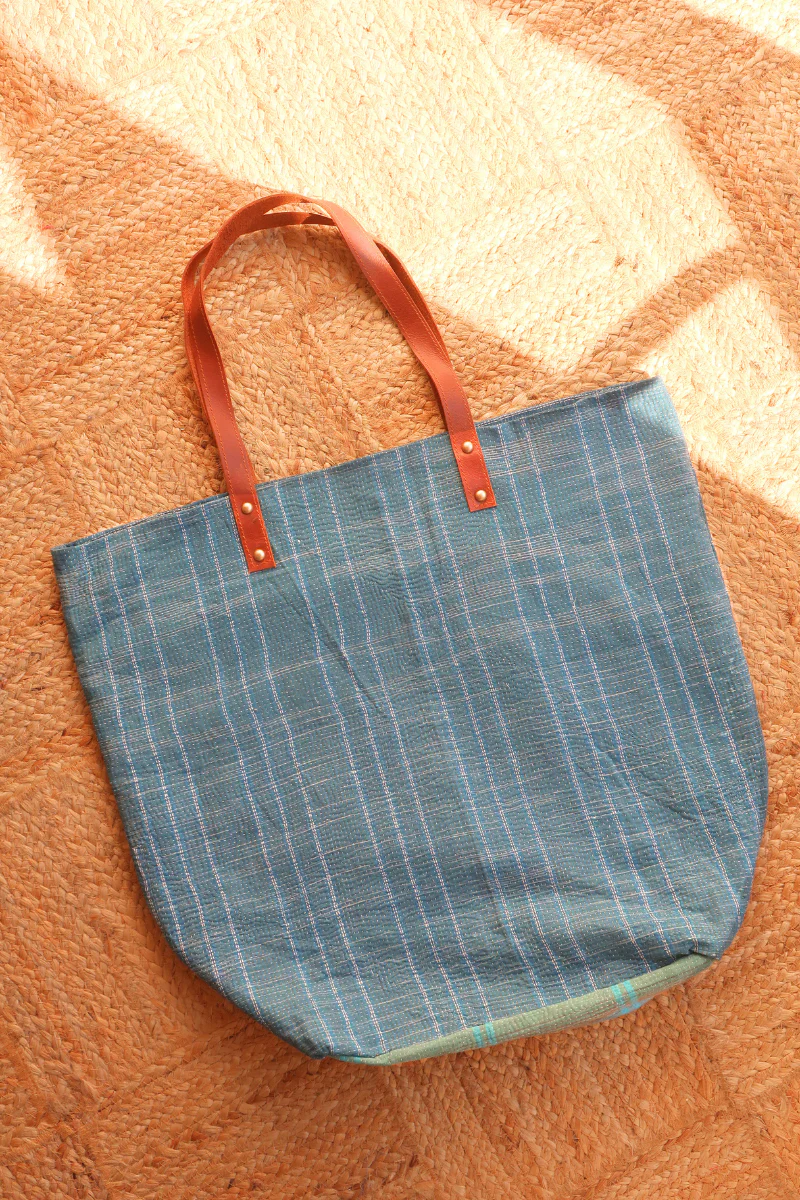 Vintage Kantha Large Shopper Bag in Dark Teal Stripe
