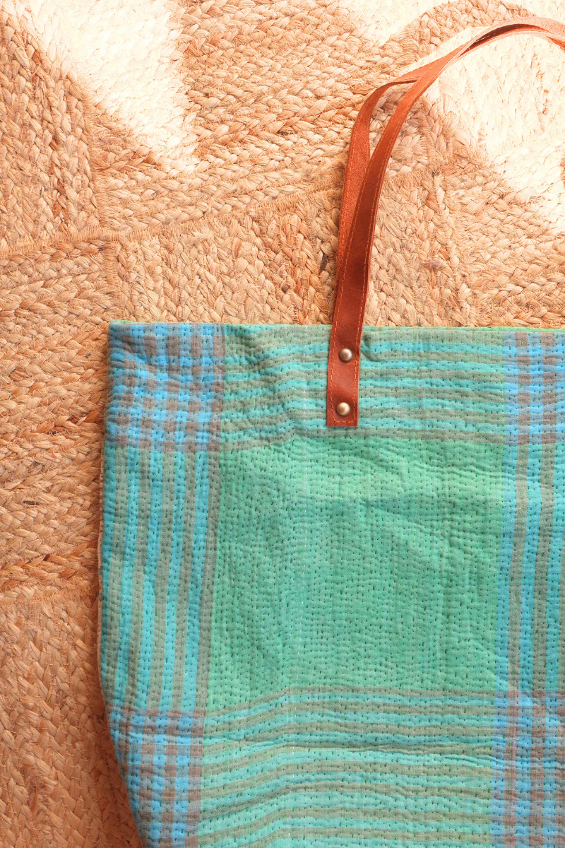 Vintage Kantha Large Shopper Bag in Sea Green Tartan - Image 2