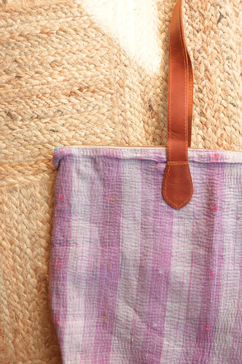 Vintage Kantha Leather Strap Tote Bag in Heather Stripe - Image 2