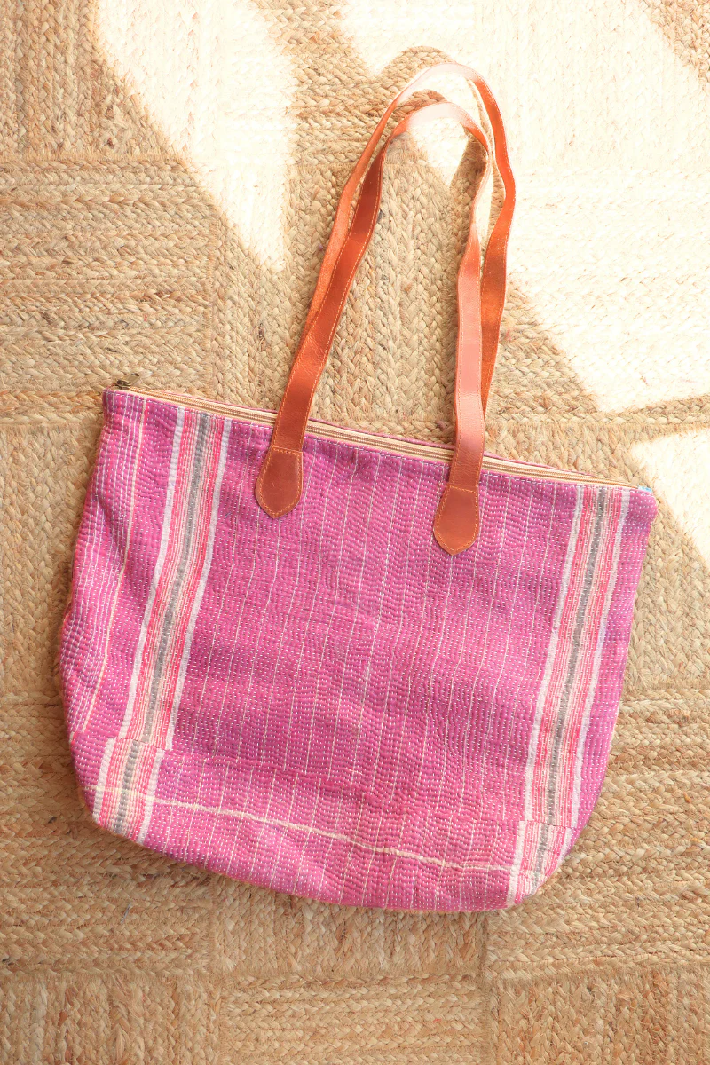 Vintage Kantha Leather Strap Tote Bag in Plum Purple Stripe
