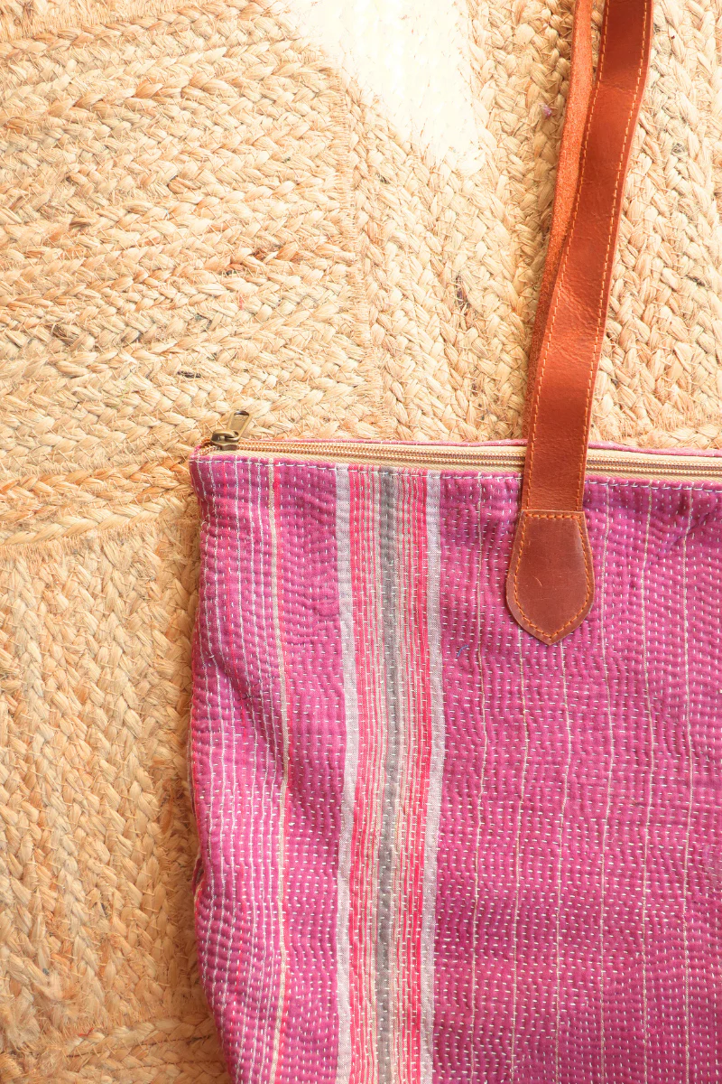 Vintage Kantha Leather Strap Tote Bag in Plum Purple Stripe - Image 2