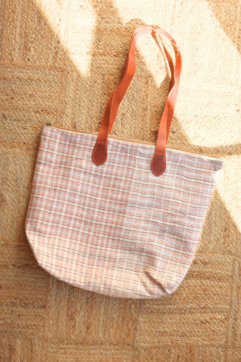 Vintage Kantha Leather Strap Tote Bag in Rosewood & Tan Plaid