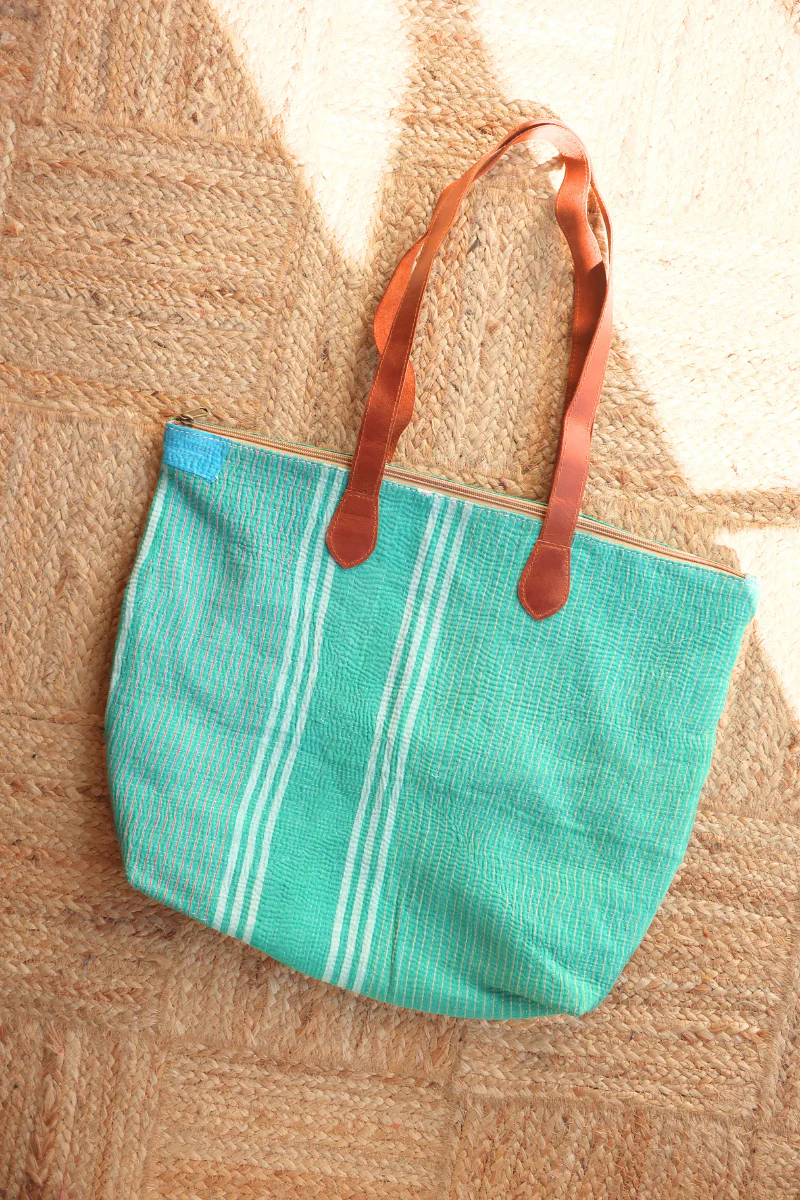 Vintage Kantha Leather Strap Tote Bag in Sea Green Stripe