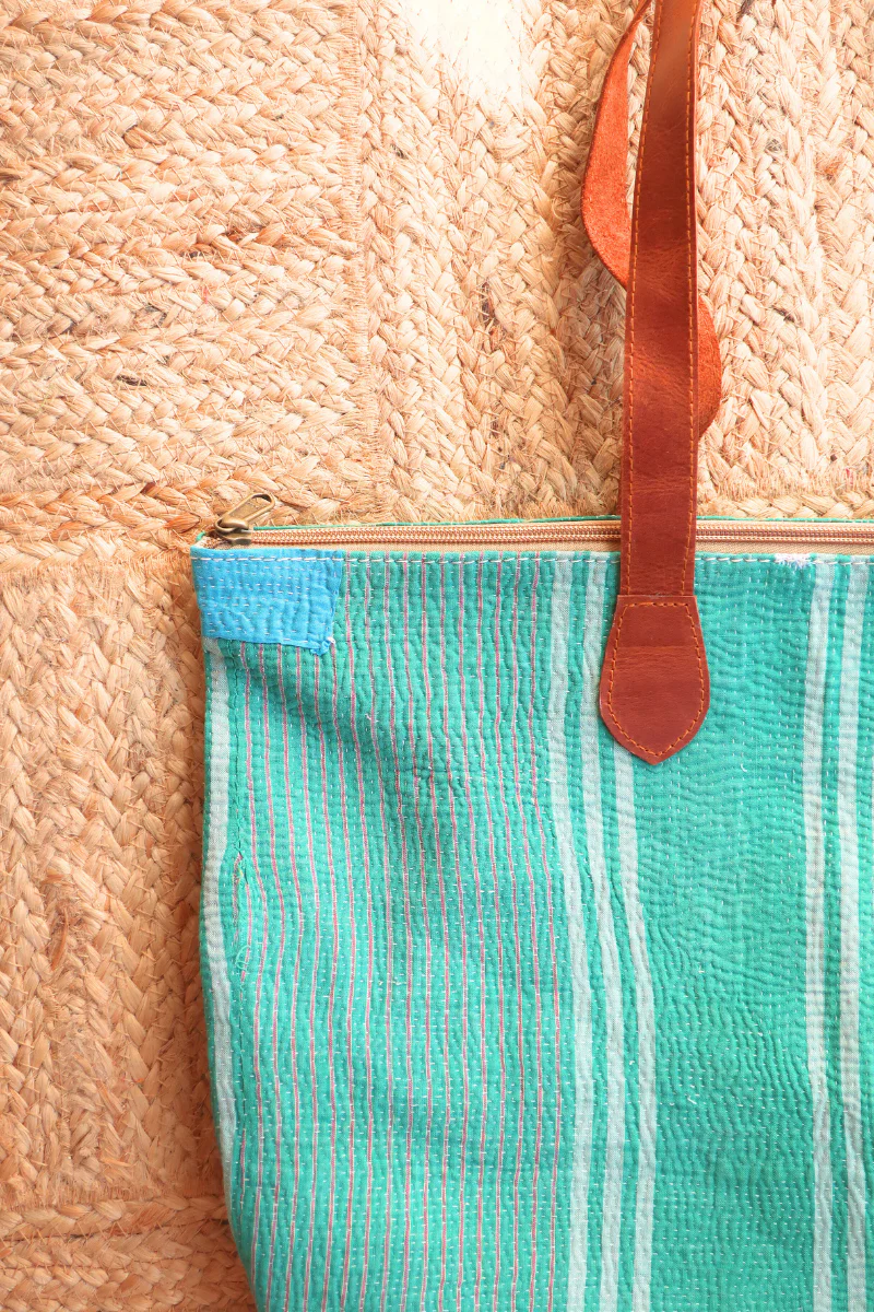 Vintage Kantha Leather Strap Tote Bag in Sea Green Stripe - Image 2