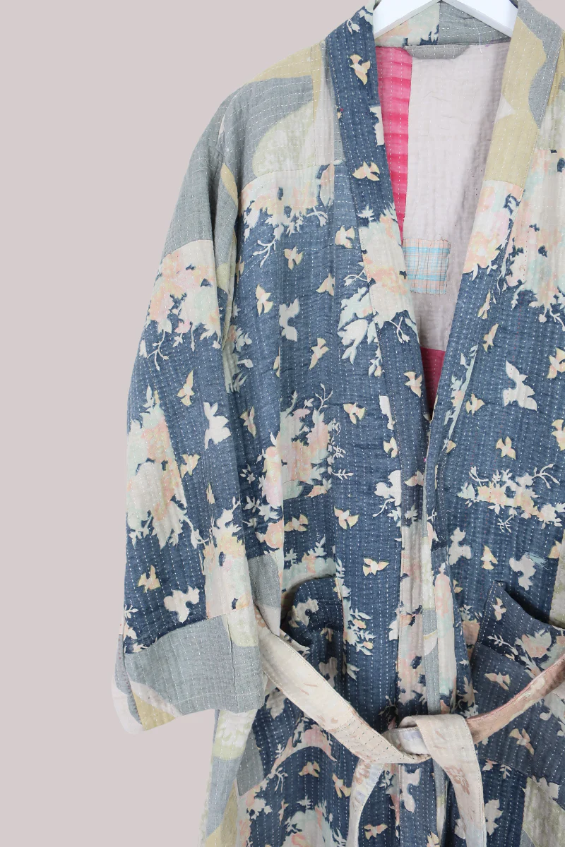 Vintage Kantha Robe in Hazy Pastel Petals - Free Size - Image 2