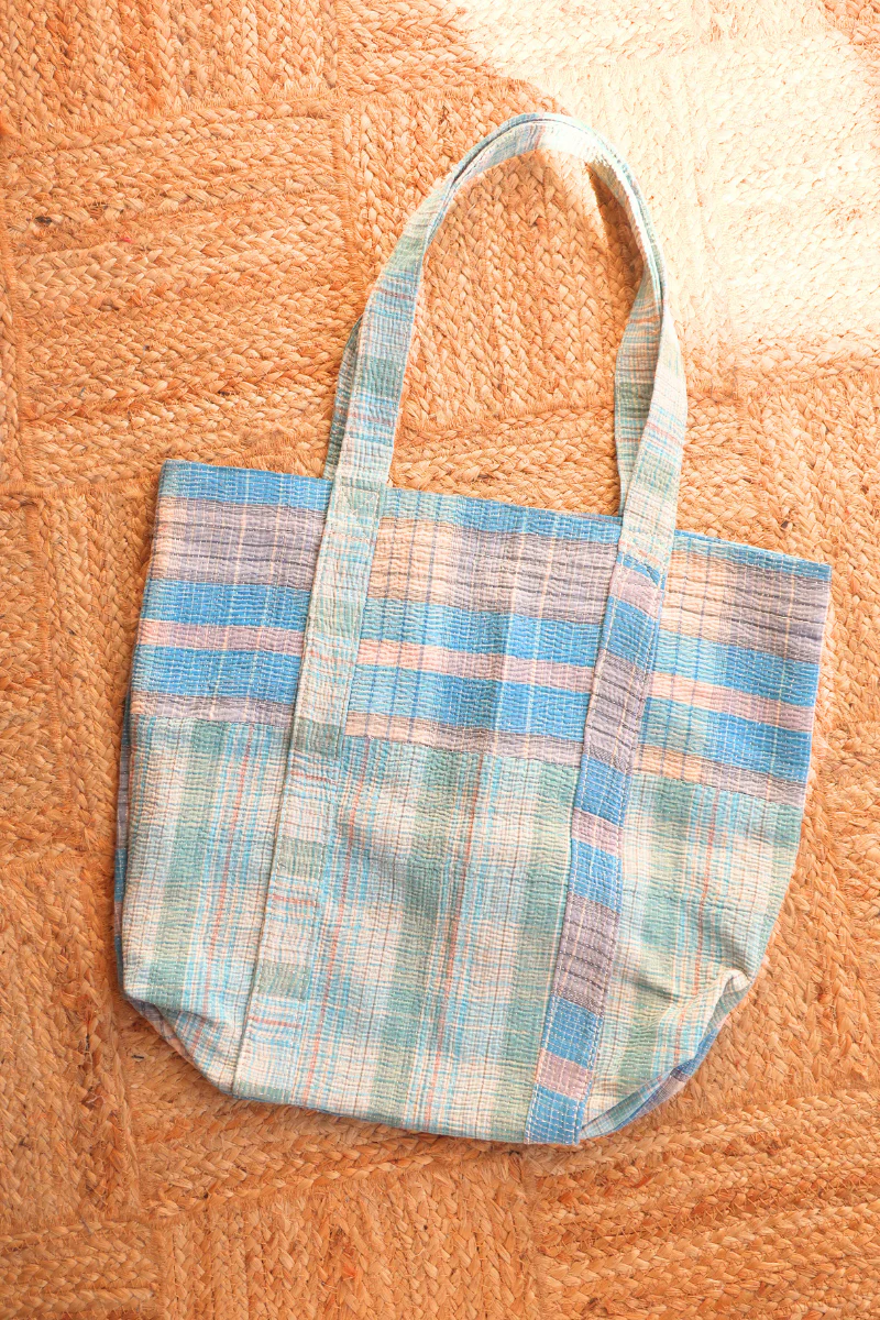 Vintage Kantha Tote Bag in Aquamarine & Beige Check