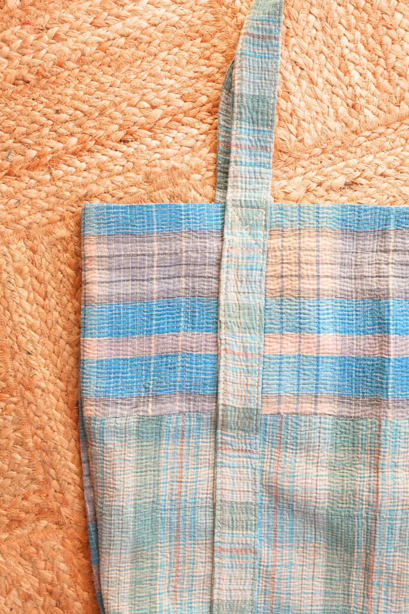 Vintage Kantha Tote Bag in Aquamarine & Beige Check - Image 2