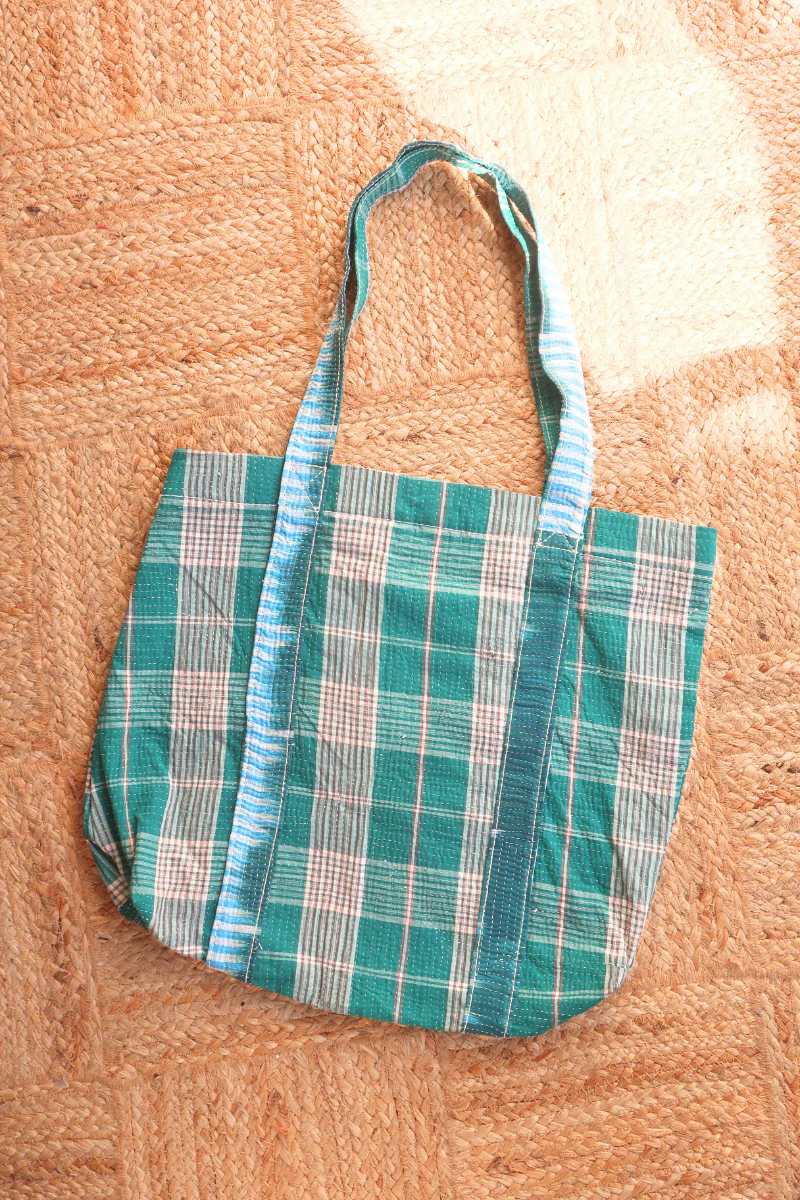 Vintage Kantha Tote Bag in Dark Jade Check