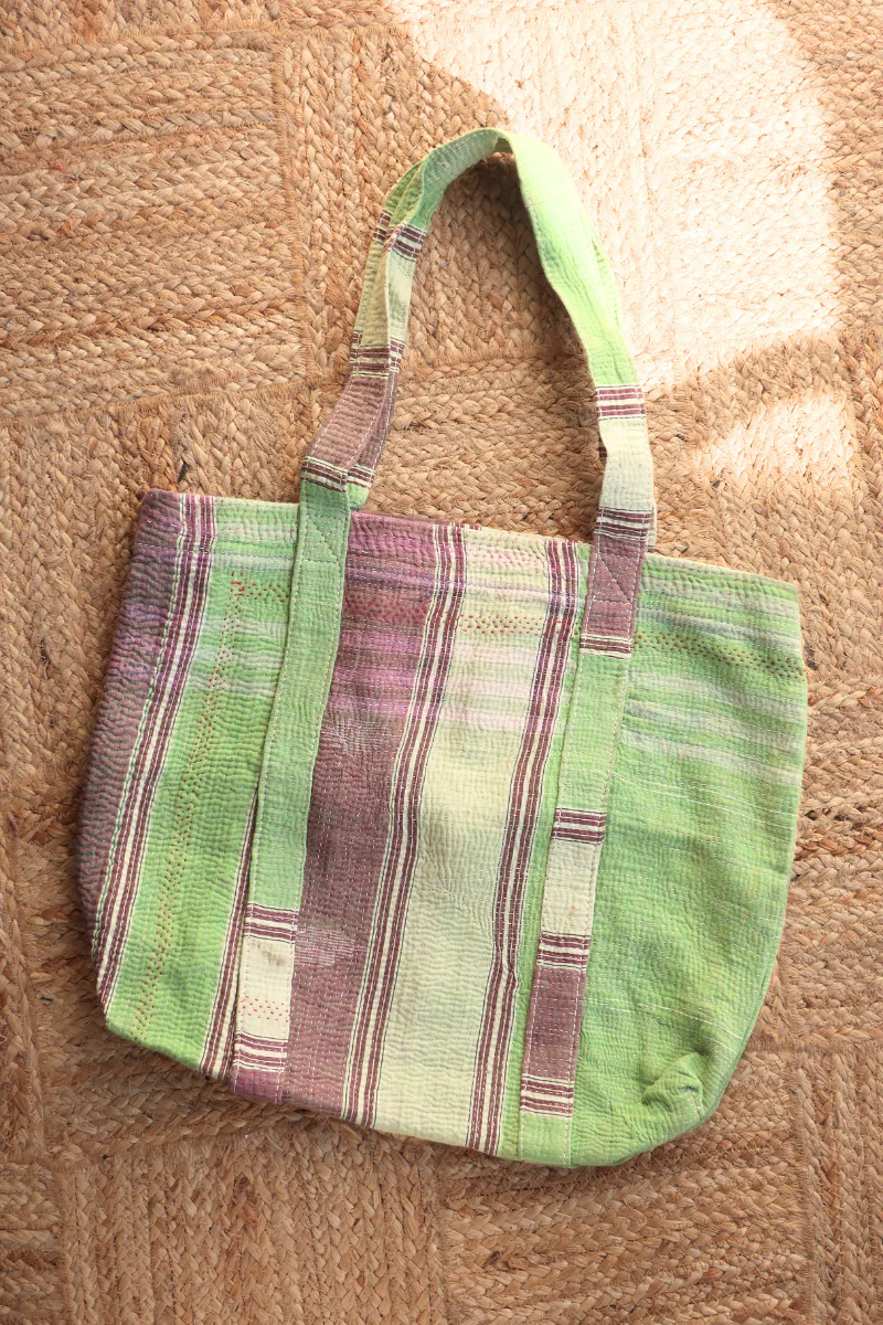 Vintage Kantha Tote Bag in Spring Green Stripe