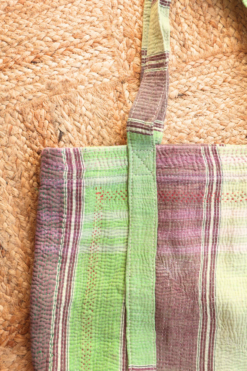 Vintage Kantha Tote Bag in Spring Green Stripe - Image 2