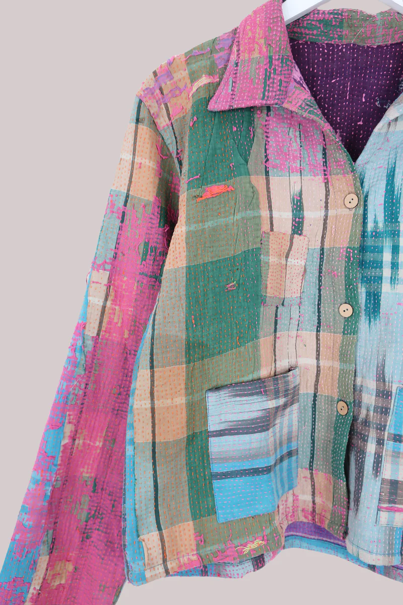 Vintage Kantha Worker Jacket in Paintbox Plaid - Size S/M - Image 2