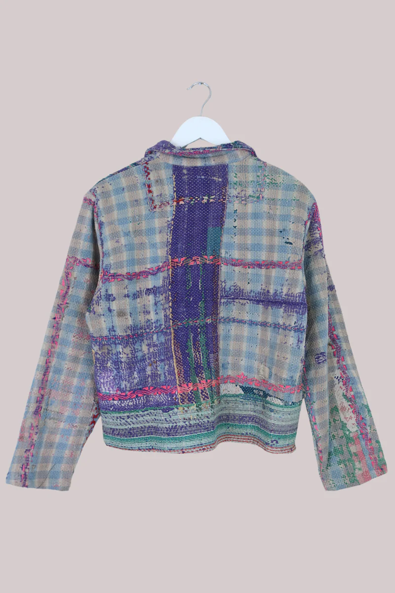 Vintage Kantha Worker Jacket in Vivid Distressed Gingham - Size S/M - Image 3